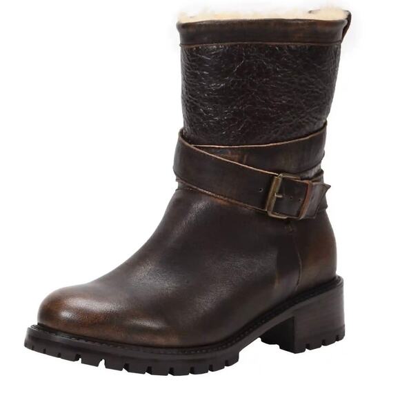 Ross & Snow Emilina Bomber Moto Distressed Leather Shearling Boots - Picture 1 of 10
